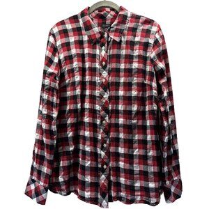 Talbots Women's Top Blouse Size L Red Black Plaid Metallic Button Up Long Sleeve